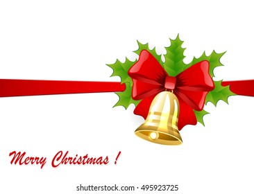 Background with red ribbon and bell and holly
