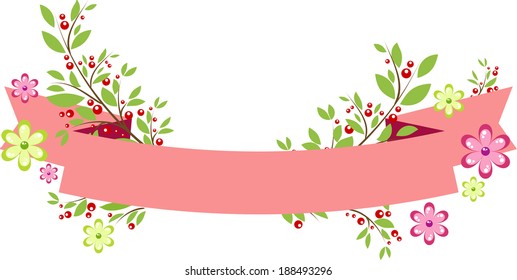 Background with red ribbon and floral elements in simple style