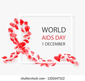 Background with red ribbon made of flying red petals, world aids day symbol, 1 december, vector illustration. For web banner, print, poster, header