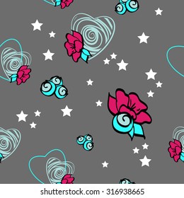 background with red rose, blue hearts and white stars