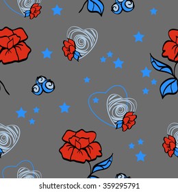 background with red rose blue hearts and blue stars