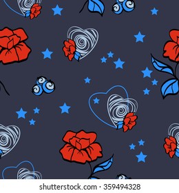 background with red rose blue hearts and blue stars/ cute background for girls