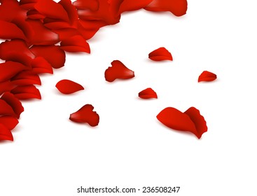 Background of red rose petals on a white background