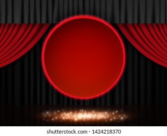 Background with red round banner on theatre curtain. Vector illustration