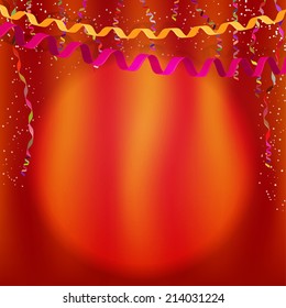 Background with red scenes, streamers and confetti. Vector illustration.