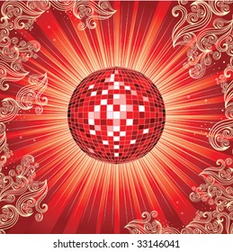 Background with red shining disco-ball and pattern