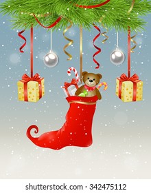 Background with red sock, Christmas gifts and green fir tree