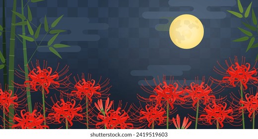 Background of red spider lily, bamboo thicket, and full moon Ichimatsu (2:1)