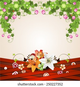 Background with red strips and lilies