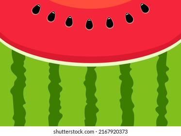 background red texture of juicy watermelon with seeds. Watermelon background with green striped peel. Vector illustration.