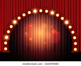 Background with red theatre curtain and podium arch. Vector illustration