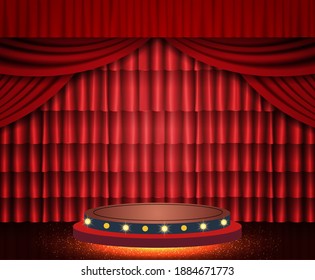 Background with red theatre curtain and podium. Vector illustration