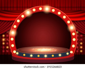 Background with red theatre curtain, retro arch banner and podium. Vector illustration