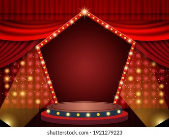 Background with red theatre curtain, retro arch banner and podium. Vector illustration