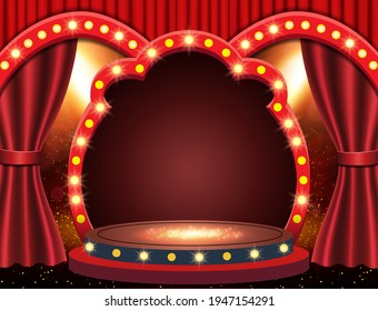 Background with red theatre curtain, retro arch banner and podium. Vector illustration