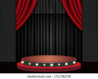 Background with red theatre curtain and stage podium. Vector illustration