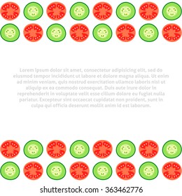 Background with red tomatoes and ripe cucumbers. Great for design of healthy lifestyle or diet.Vector illustration.