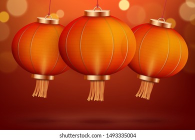 Background with Red Traditional Chinese lantern. Chinese new Year decoration. Vector illustration