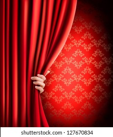 Background with red velvet curtain and hand. Vector illustration.