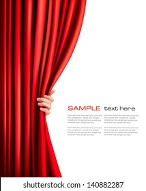 Background with red velvet curtain and hand. Vector illustration.