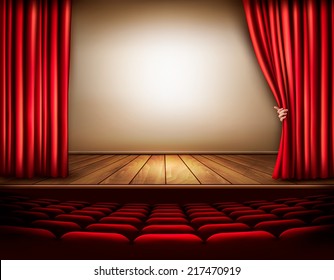 Background with red velvet curtain and hand. Vector illustration. 