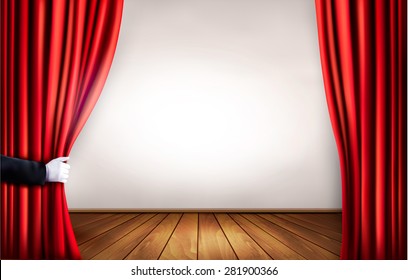 Background with red velvet curtain and hand. Vector illustration.