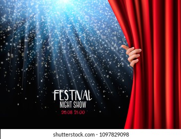 Background with red velvet curtain and lights. Vector illustration. 