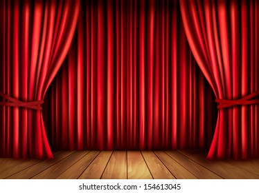 Background with red velvet curtain and a wooden floor. Vector illustration. 