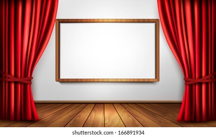 Background with red velvet curtain and a wooden floor. Vector illustration. 