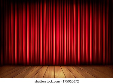 Background with red velvet curtain and a wooden floor. Vector illustration. 