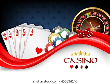 Background red white poker cards, casino chips and roulette wheel.Vector