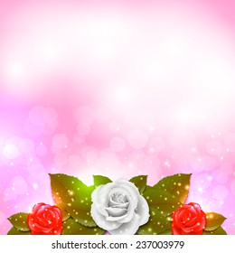 Background of red and white roses with green leafs and space for text. (EPS10 Vector)