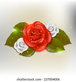 Background of red and white roses with green leafs. (EPS10 Vector)