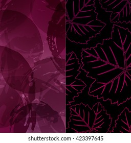 Background red wine stains with decorative vine leaf illustration. Vector texture. 