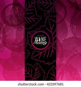 Background red wine stains with decorative vine leaf illustration. Vector texture. 