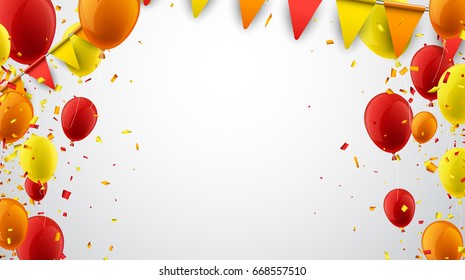 Background with red and yellow flags, balloons and confetti. Vector celebration illustration.