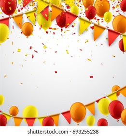 Background With Red And Yellow Flags, Balloons And Confetti. Vector Illustration.