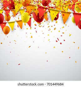 Background with red and yellow flags, balloons and confetti. Vector illustration.