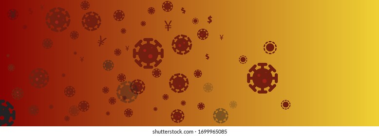 Hintergrundrote, gelbe Warnfarben mit Viren. Flaches Material Design Illustration.Medical Science Biology genetics epidemiology concept. Bekämpfung der weltweiten Covid-19-Epidemie