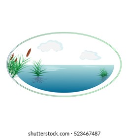 Background with reeds on a pond in a frame. Vector illustration