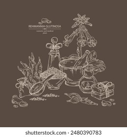 Background with  rehmannia glutinosa: rehmannia plant, leaves, rehmannia flowers and rehmannia glutinosa root. Oil, soap and bath salt . Cosmetics and medical plant. Vector hand drawn