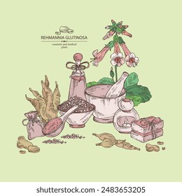 Background with  rehmannia glutinosa: rehmannia plant, leaves, rehmannia flowers and rehmannia glutinosa root. Oil, soap and bath salt . Cosmetics and medical plant. Vector hand drawn