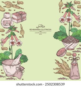 Background with  rehmannia glutinosa: rehmannia plant, leaves, rehmannia flowers and rehmannia glutinosa root. Oil, soap and bath salt . Cosmetics and medical plant. Vector hand drawn