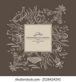 Background with  rehmannia glutinosa: rehmannia plant, leaves, rehmannia flowers and rehmannia glutinosa root. Oil, soap and bath salt . Cosmetics and medical plant. Vector hand drawn