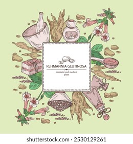 Background with  rehmannia glutinosa: rehmannia plant, leaves, rehmannia flowers and rehmannia glutinosa root. Oil, soap and bath salt . Cosmetics and medical plant. Vector hand drawn