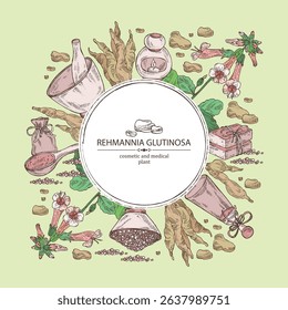 Background with  rehmannia glutinosa: rehmannia plant, leaves, rehmannia flowers and rehmannia glutinosa root. Oil, soap and bath salt . Cosmetics and medical plant. Vector hand drawn