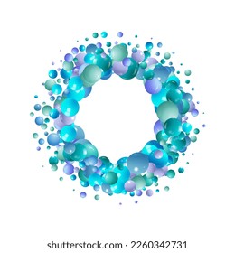 Background with render 3d color balls. Round Sphere of geometric objects, pearl made of metal and plastic. Template with social media story, social networks. vector illustration. Blue frame.