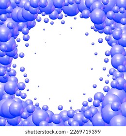 Background with render 3d color balls. Round Sphere of geometric objects, pearl made of metal and plastic. Template with social media story, social networks. vector illustration. Blue frame.