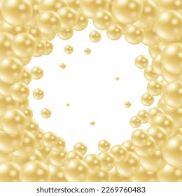 Background with render 3d color balls. Round Sphere of geometric objects, pearl made of metal and plastic. Template with social media story, social networks. vector illustration. Gold frame.