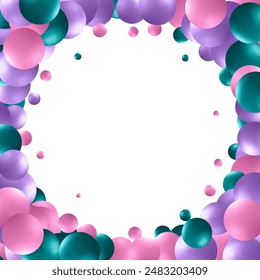 Background with render 3d color balls. Round Sphere of geometric objects, pearl made of metal and plastic. Template with social media story, social networks. vector illustration. Blue frame.